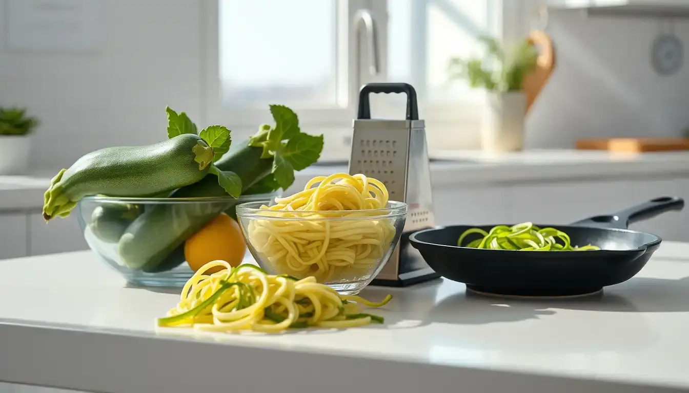 Variété de courgettes fraîches et ustensiles de cuisine sur un plan de travail en marbre.