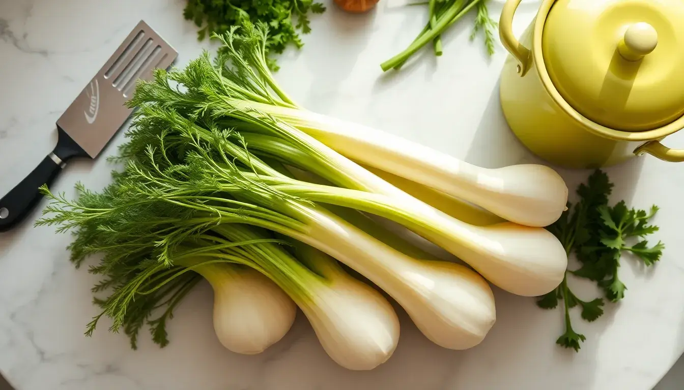 Bulbes de fenouil frais sur un comptoir de cuisine avec une mandoline et un hachoir à herbes.