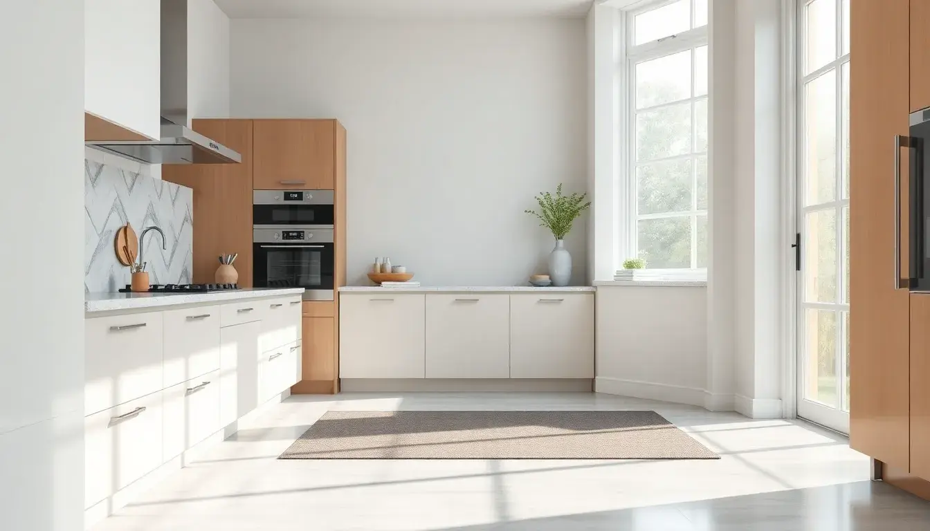 Tapis de cuisine gris anthracite posé sur un sol en bois clair dans une cuisine moderne ensoleillée.
