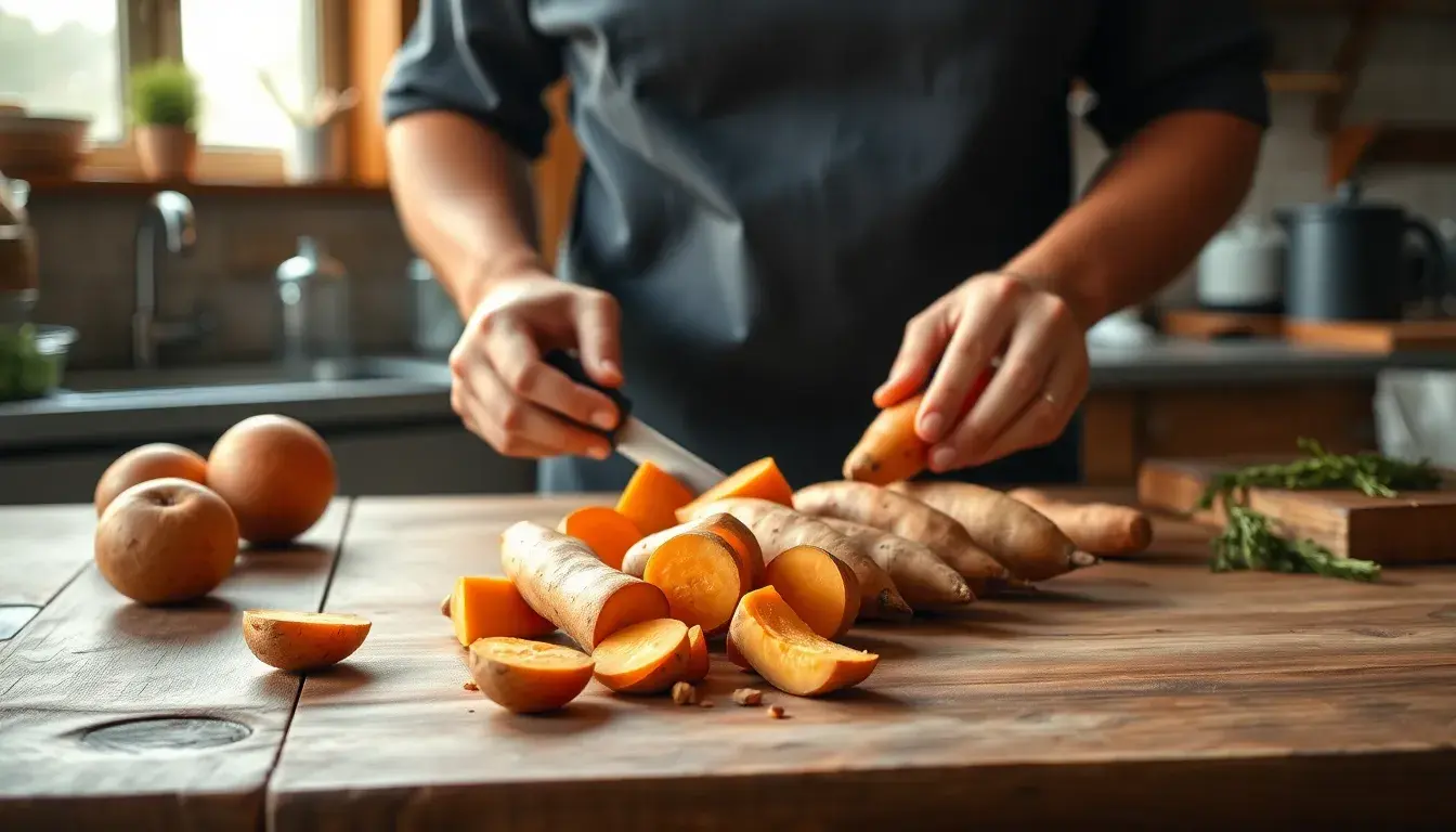 Préparation de patates douces fraîches sur un plan de travail de cuisine ensoleillé