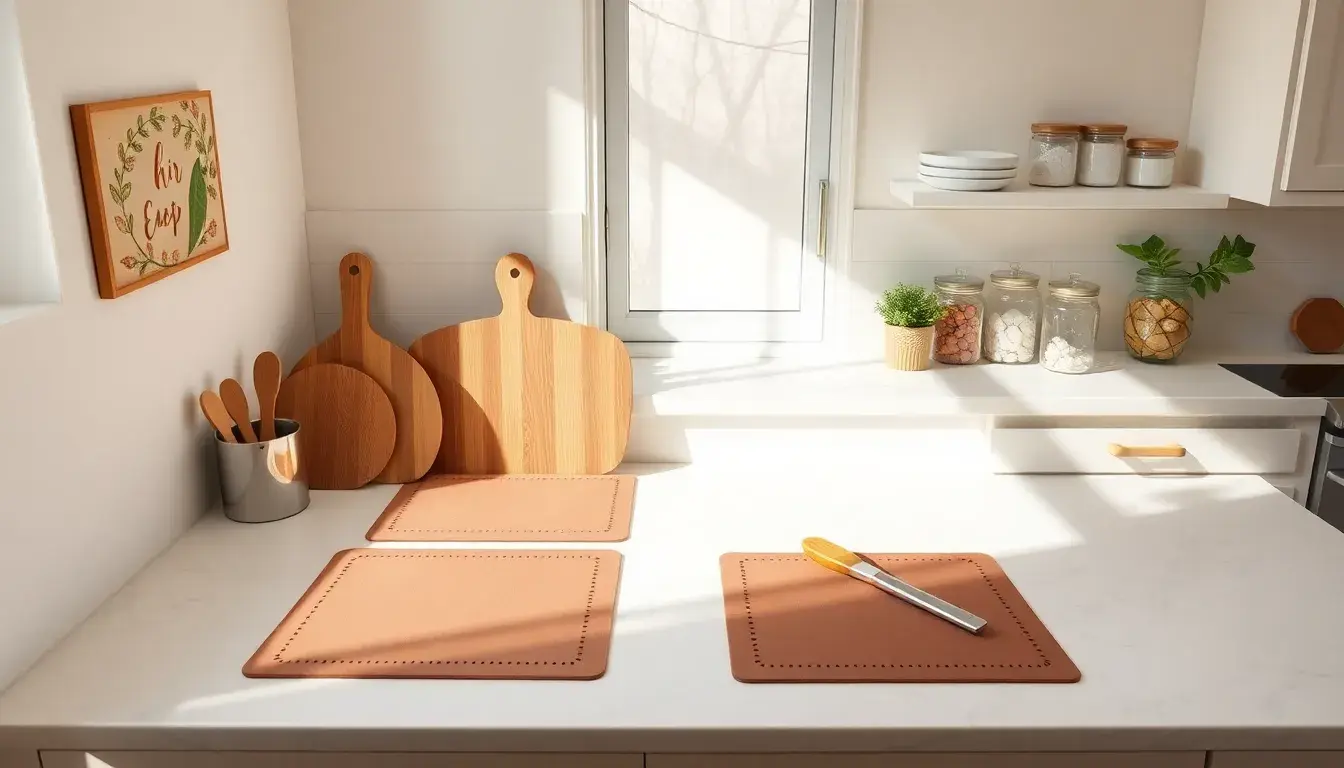 Comptoir cuisine moderne en marbre avec accessoires organisateurs et protection silicone.