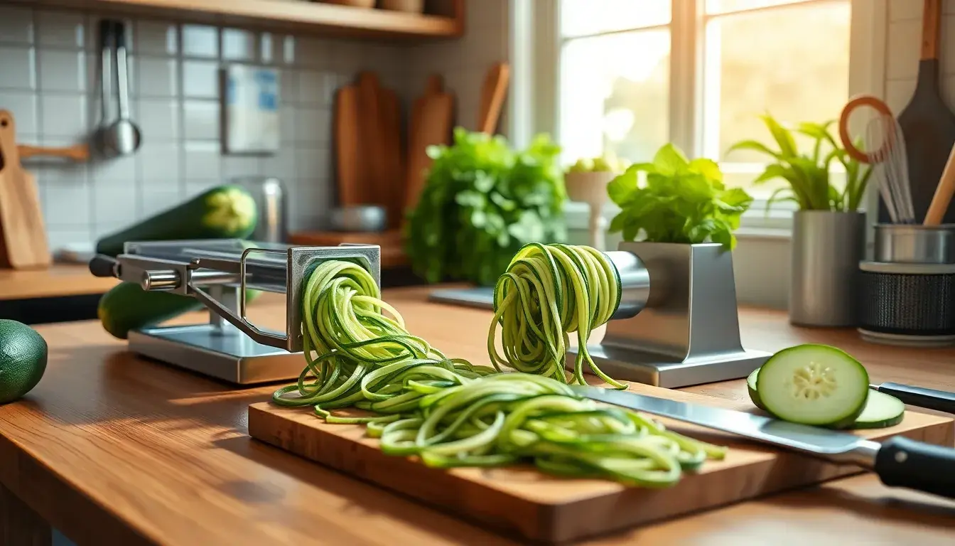 Courgettes fraîches sur un plan de travail avec un spiraliseur et des ustensiles de cuisine