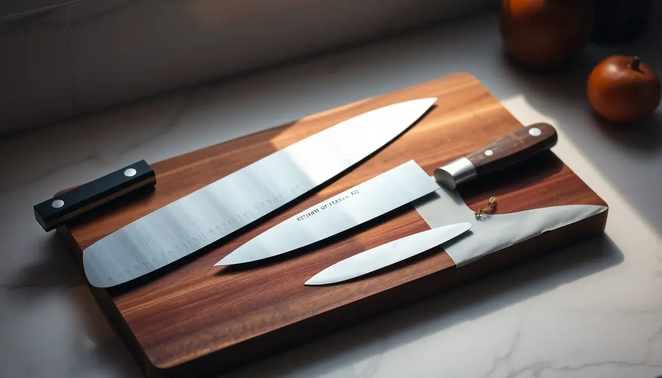 Assortiment de couteaux en cuisine professionnels sur une planche en bois rustique