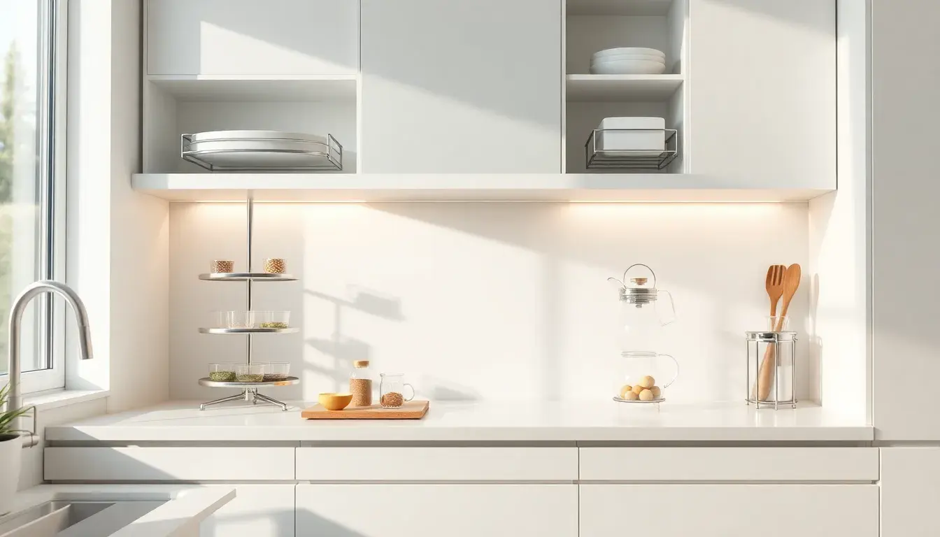Cuisine aménagement moderne avec solutions de rangement intelligentes et éclairage LED sous les meubles.