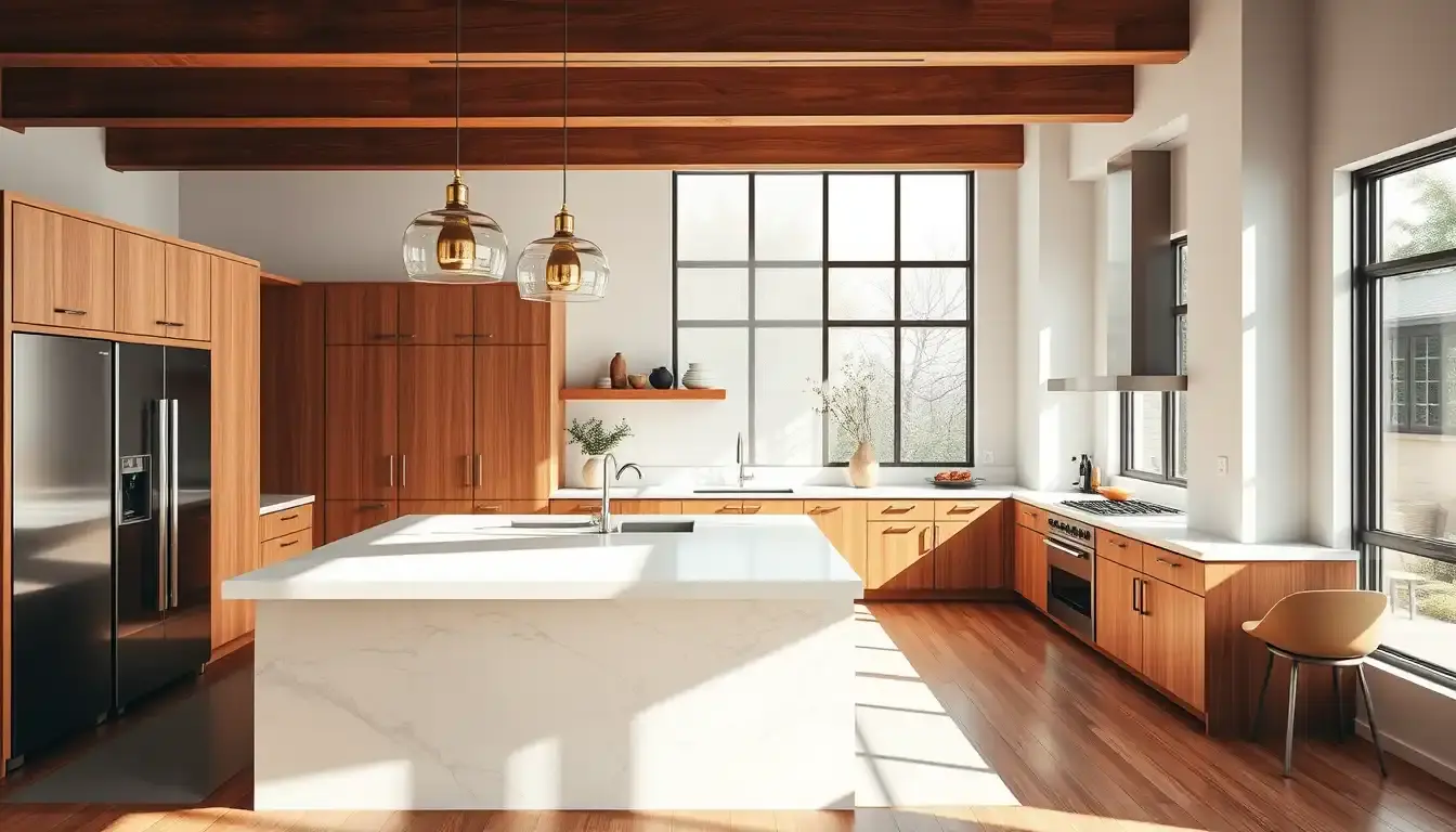 Cuisine avec un ilot central moderne en marbre blanc et bois