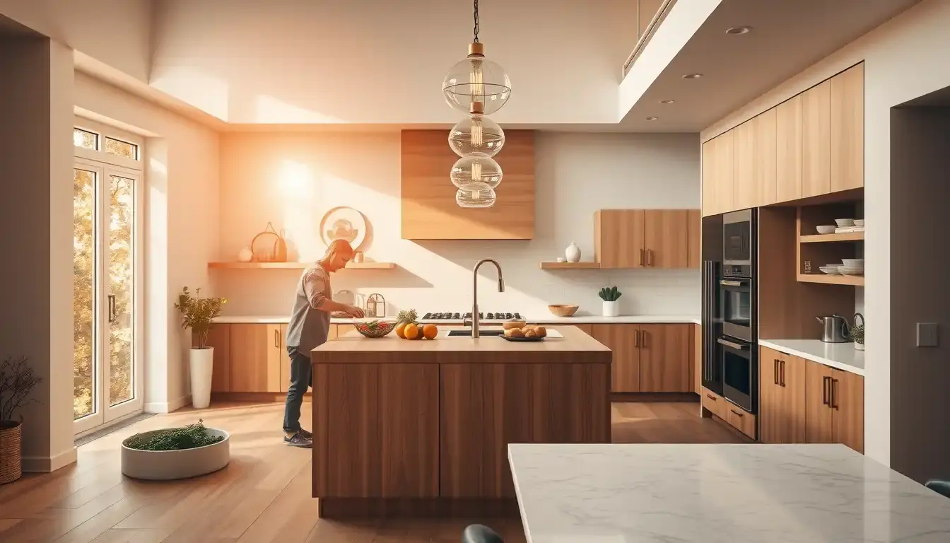 Cuisine moderne avec îlot central en bois massif et plan de travail en marbre