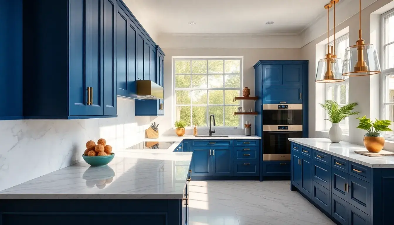 Cuisine bleue moderne avec armoires foncées et plan de travail en marbre