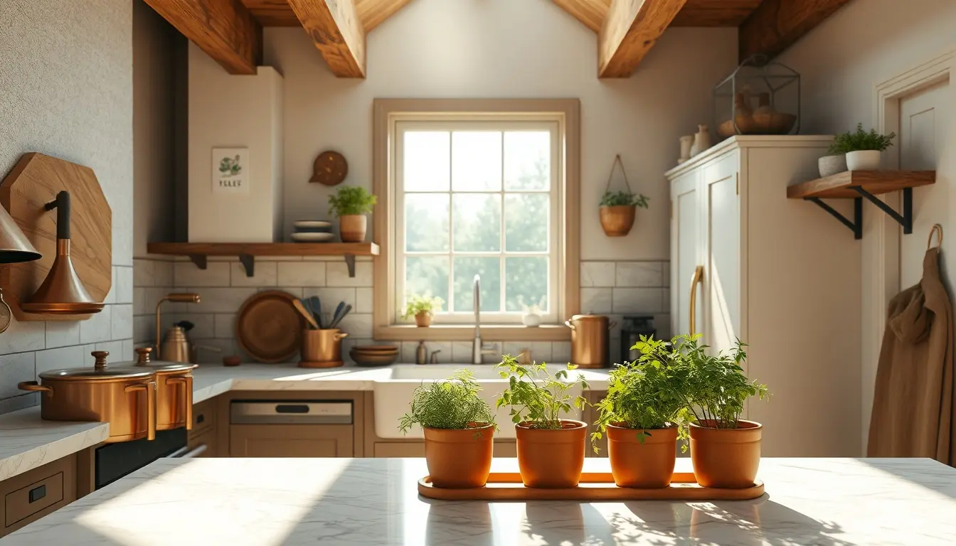 Intérieur de cuisine campagne chic avec comptoirs en marbre et poutres apparentes
