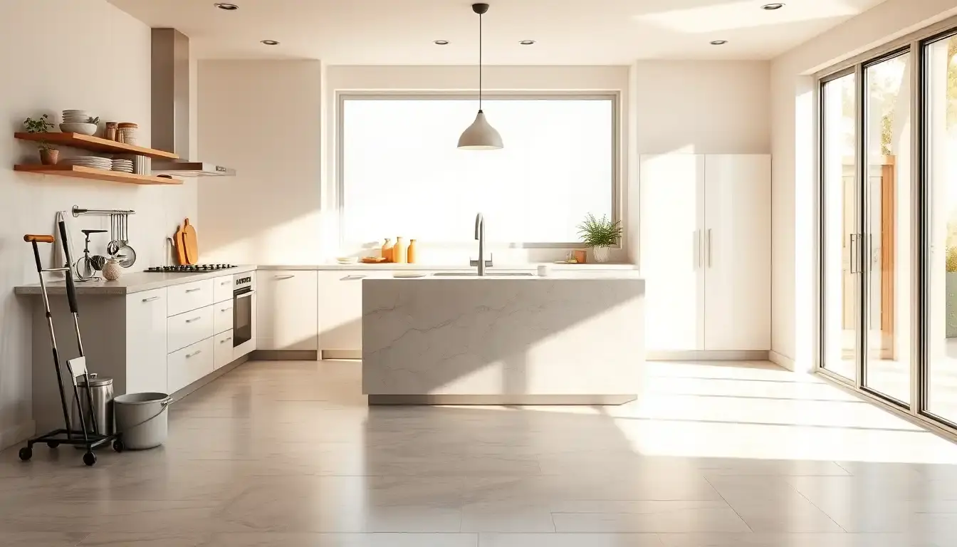 Cuisine moderne lumineuse avec un sol en carrelage grand format gris anthracite et îlot central
