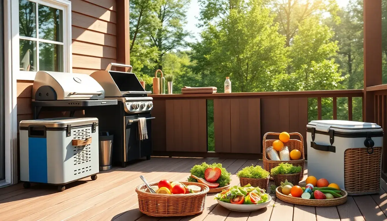 Cuisine d'été moderne avec barbecue et accessoires de pique-nique au soleil