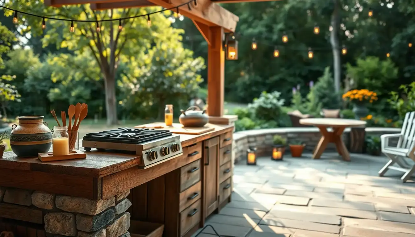 Cuisine d'été moderne en extérieur avec réchaud portable et lanternes LED sur une terrasse en pierre