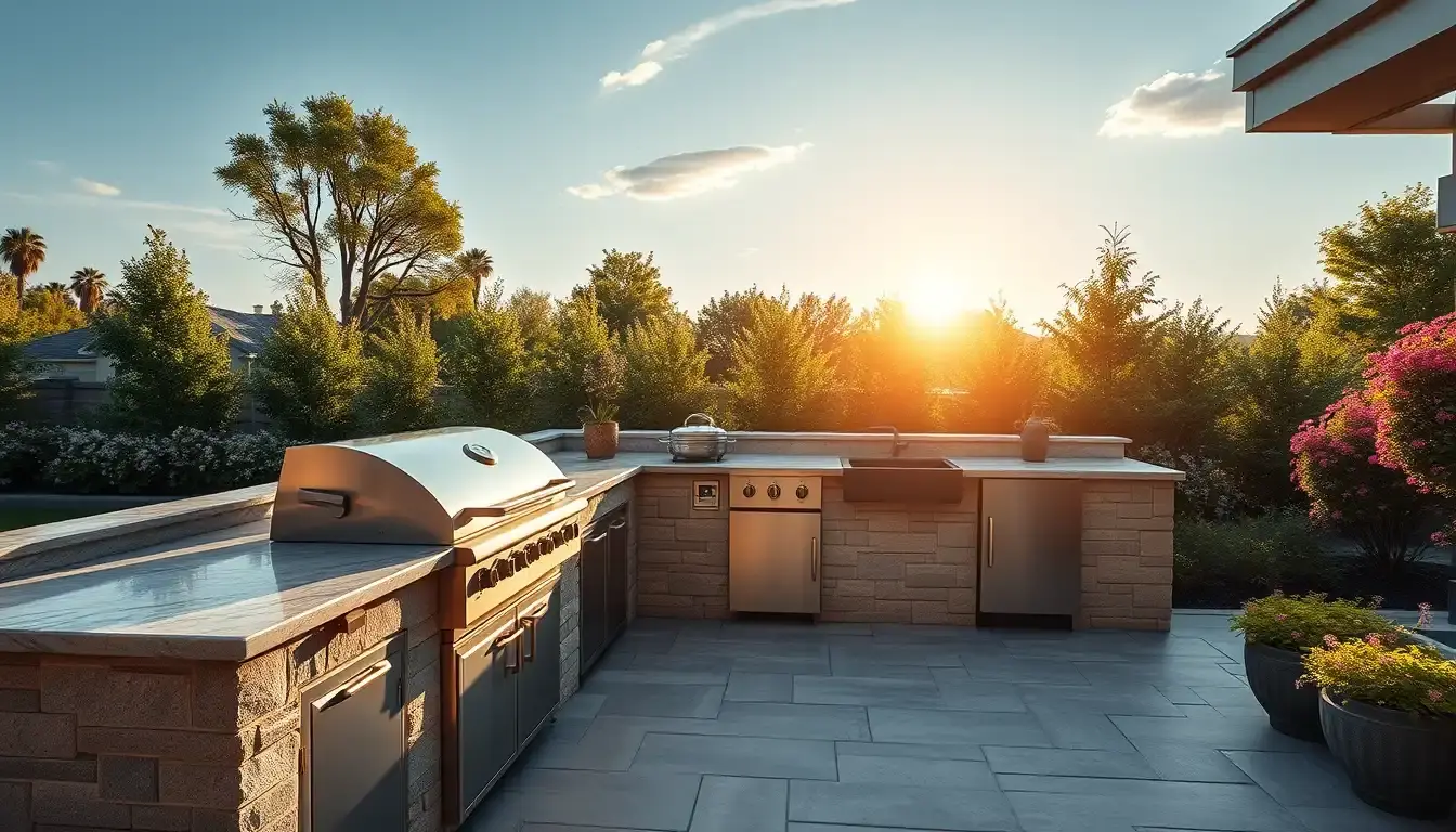 Cuisine d'extérieur moderne avec grill et plan de travail en pierre sous le soleil.