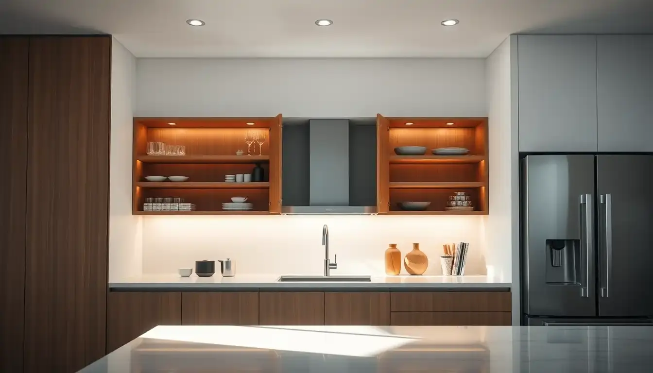 Caisson cuisine moderne avec organisateurs internes en bois et acrylique bien rangés