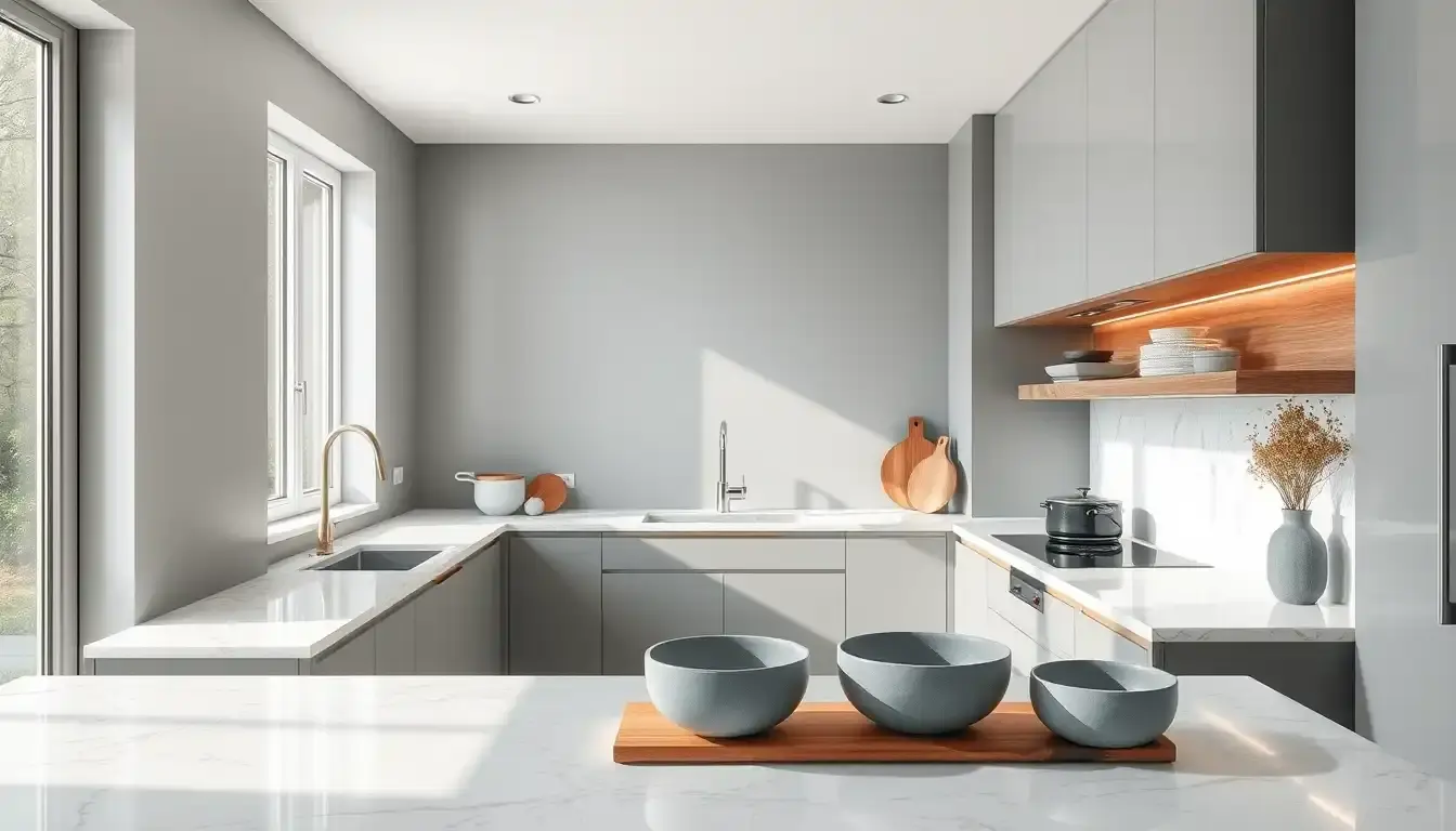 Cuisine grise moderne avec plan de travail en marbre et accessoires élégants