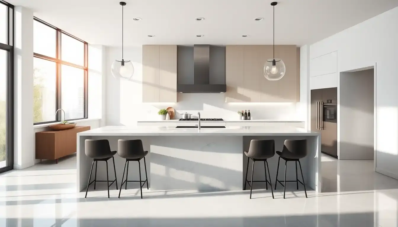 Cuisine ilot central moderne avec plan de travail en marbre blanc et éclairage design