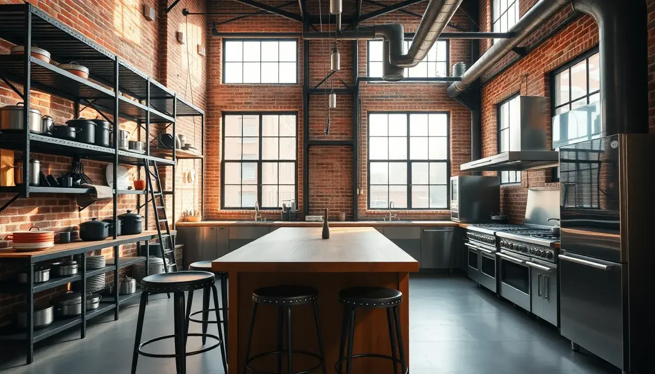 Cuisine industrielle moderne avec murs en briques et étagères en métal noir