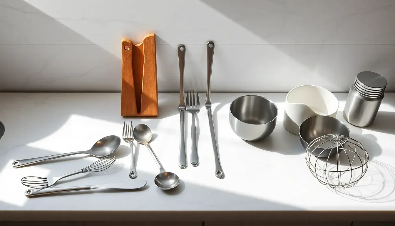 Ustensiles de cuisine inox élégants disposés sur un plan de travail en marbre