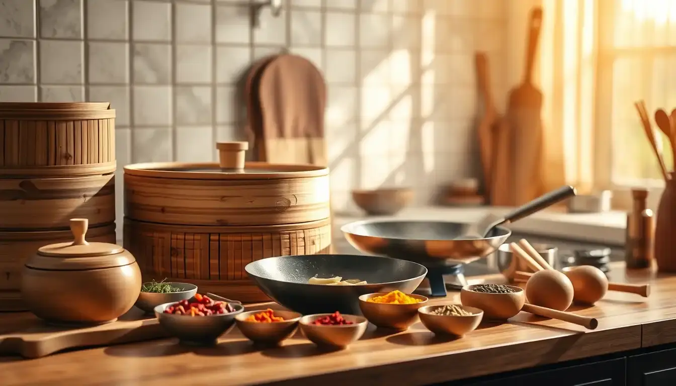 Ustensiles de cuisine d'asie disposés sur un plan de travail en marbre ensoleillé