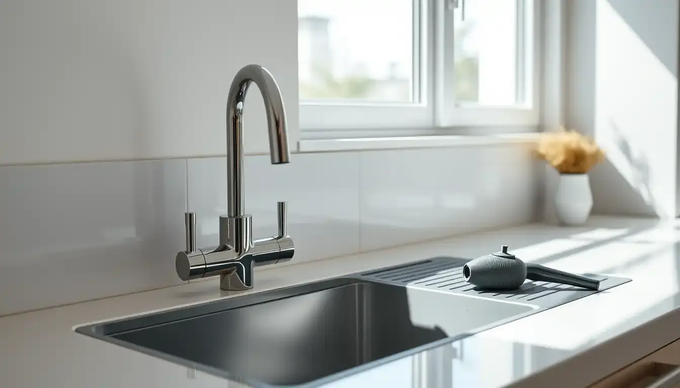 Robinet de cuisine moderne avec accessoires d'entretien sur plan de travail