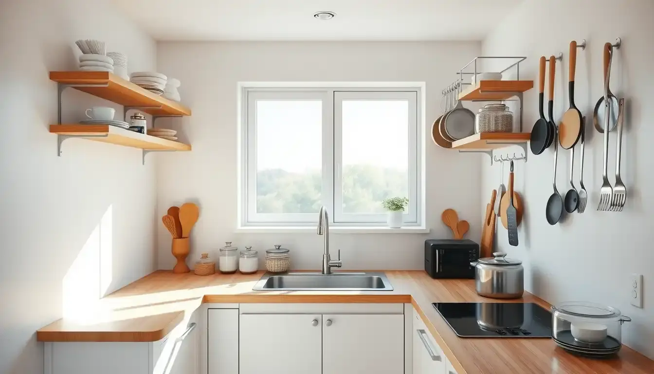 Une cuisine petite moderne et lumineuse avec des rangements muraux intelligents et des plans de travail organisés.