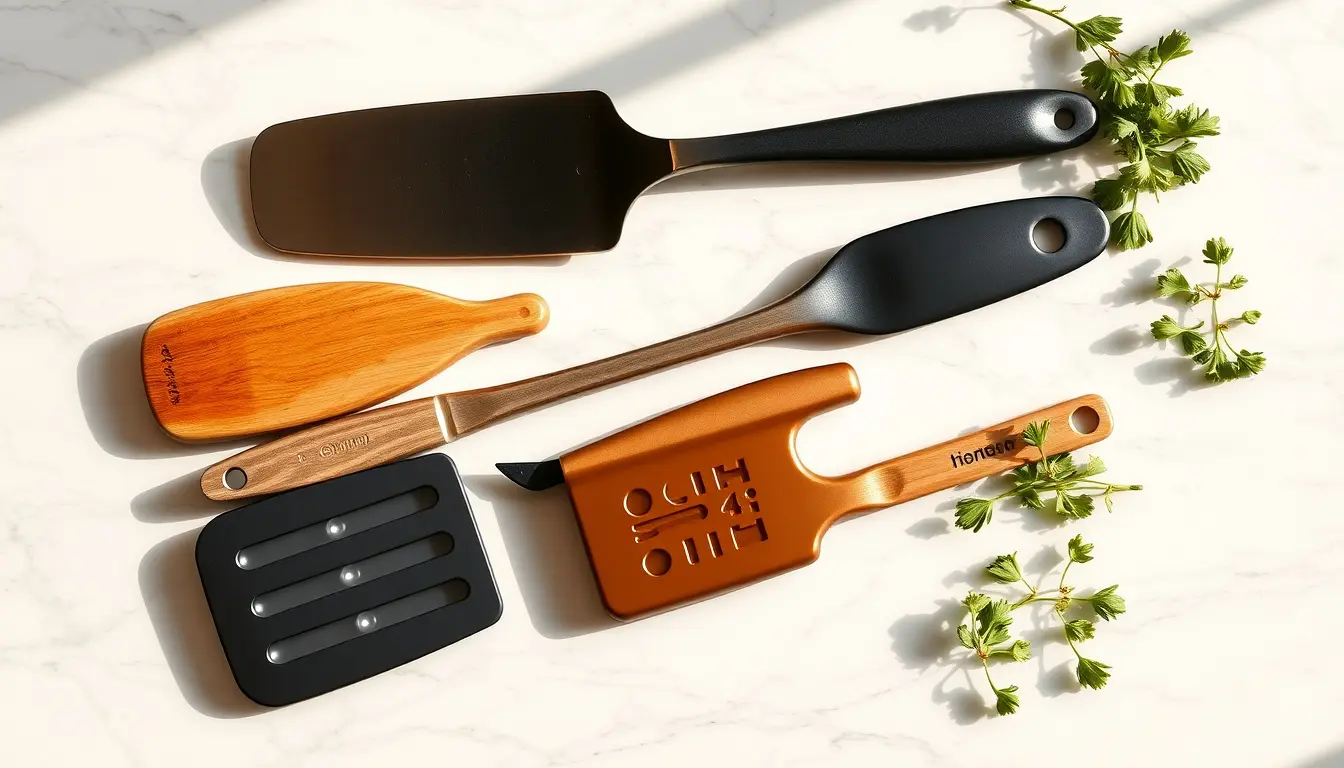 Différents types de spatules de cuisine posées sur un plan de travail en marbre ensoleillé.