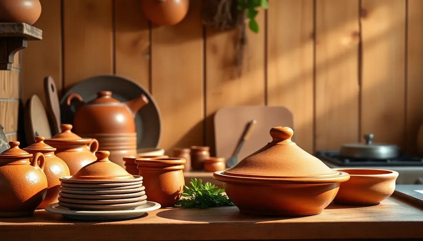 Collection d'ustensiles en terre cuite et décoration pour une cuisine terracotta authentique