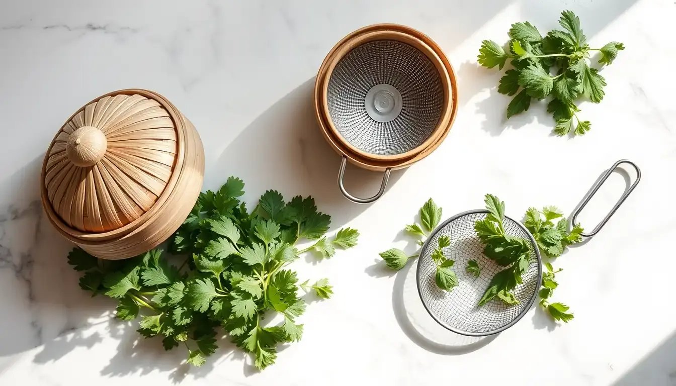 Assortiment d'ustensiles de cuisine vietnamienne traditionnels et herbes fraîches sur un plan de travail.