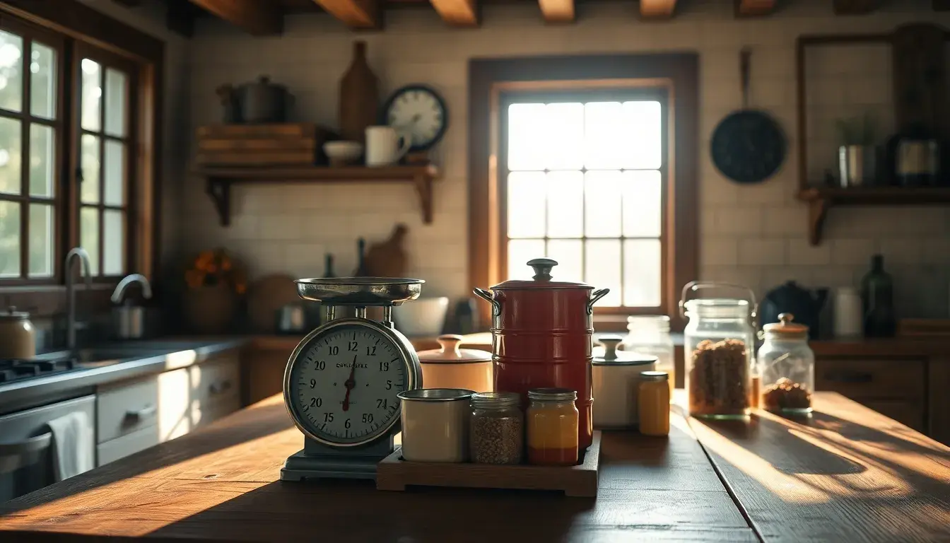 Cuisine vintage avec balance mécanique, pots en émail et bocaux en verre