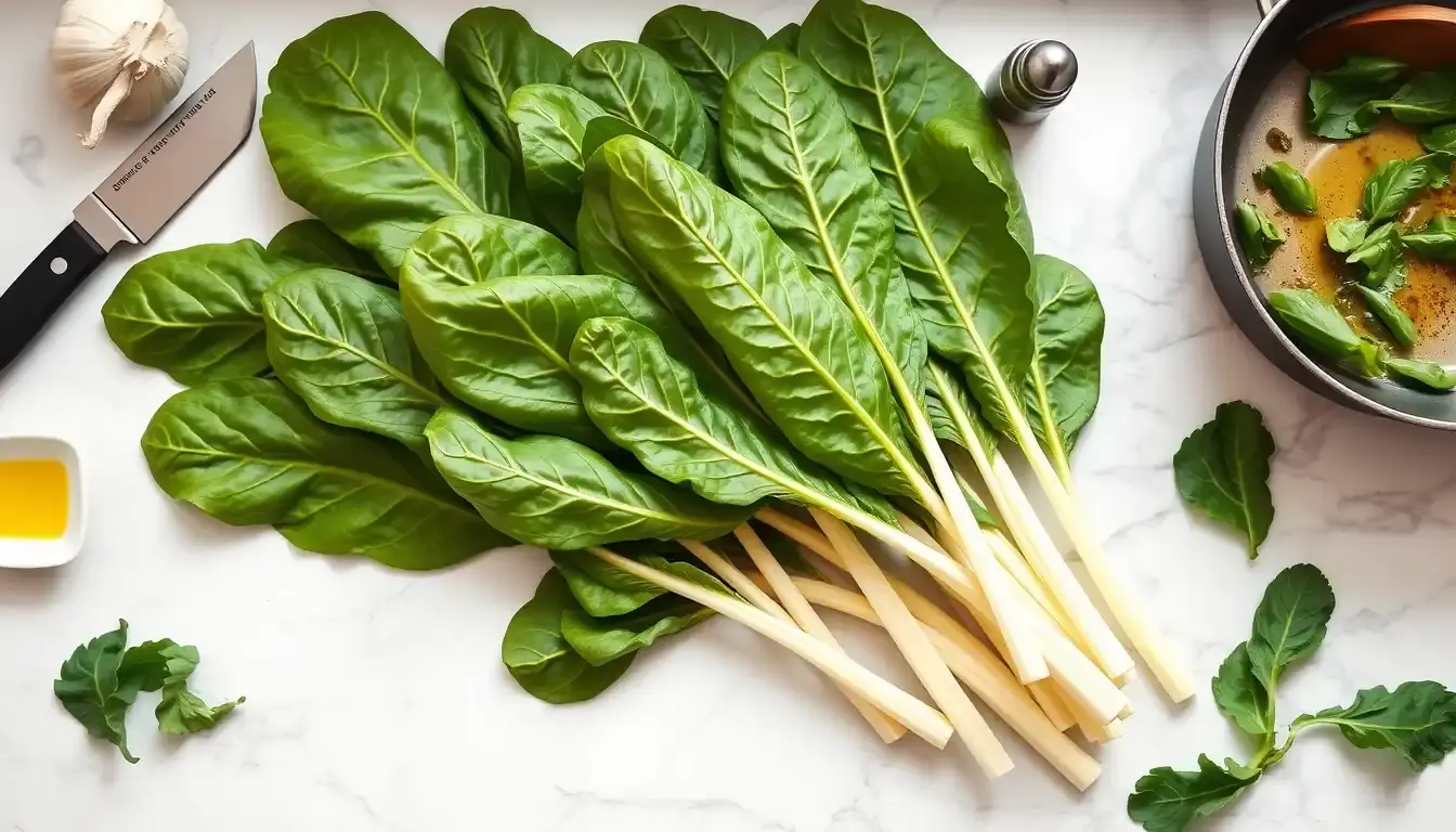 Blettes fraîches sur un comptoir de cuisine avec ustensiles de préparation culinaire