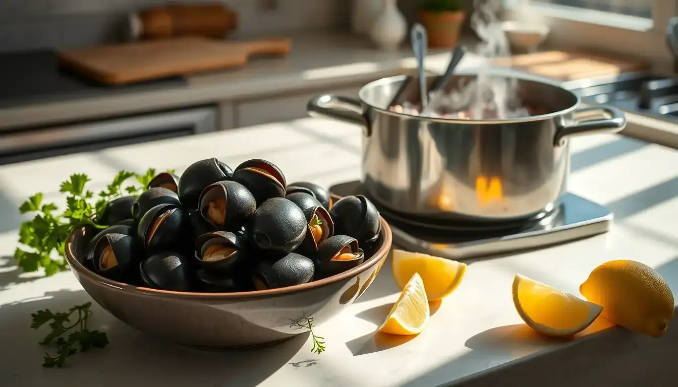 Cuisiner des coques fraîches sur un plan de travail avec persil et citron
