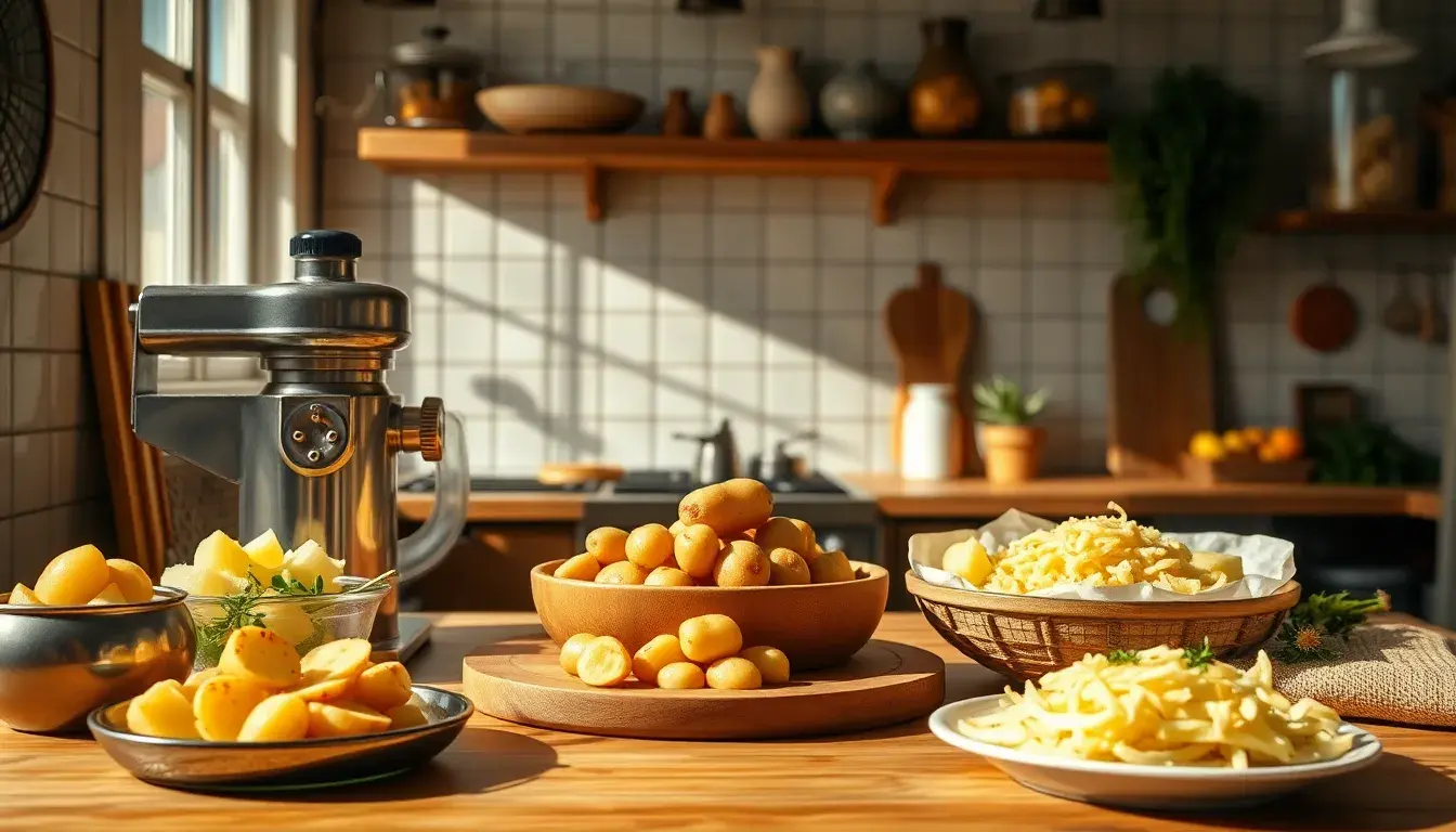 Table de cuisine ensoleillée avec des plats de pommes de terre variés et des ustensiles en inox.