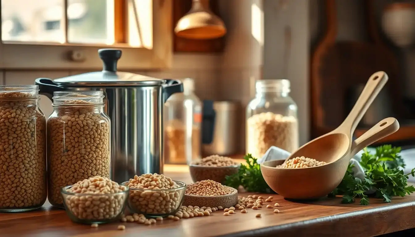 Diverses variétés de lentilles sèches et ustensiles de cuisine sur un plan de travail ensoleillé pour cuisiner lentilles