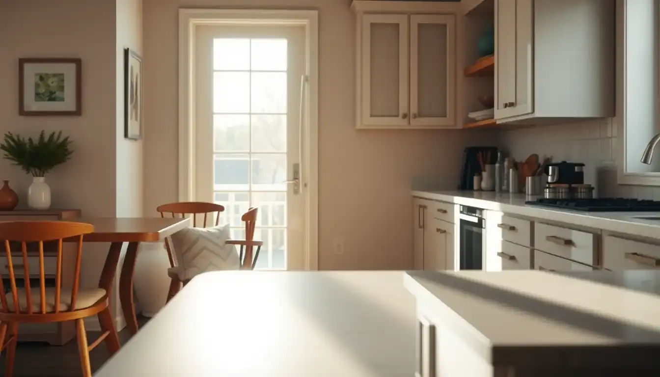 Chaise de cuisine moderne avec coussin matelassé dans une cuisine ensoleillée