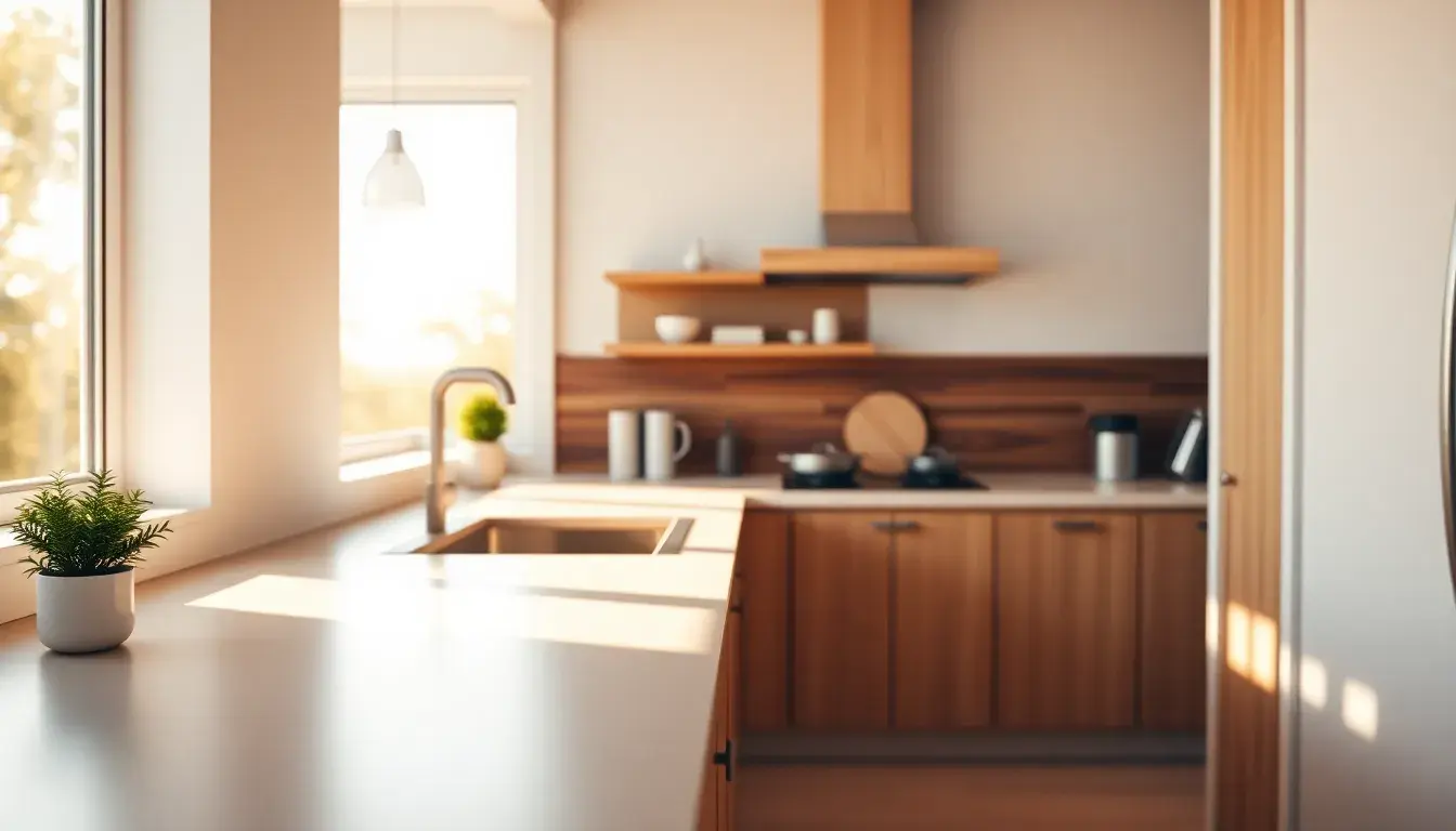 Cuisine moderne lumineuse avec des accents en bois et une petite plante verte.
