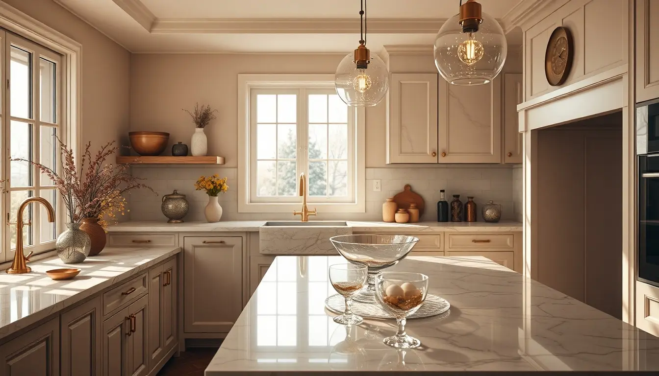 Décoration cuisine moderne avec luminaires d'ambiance et accessoires textiles élégants sur un plan de travail.