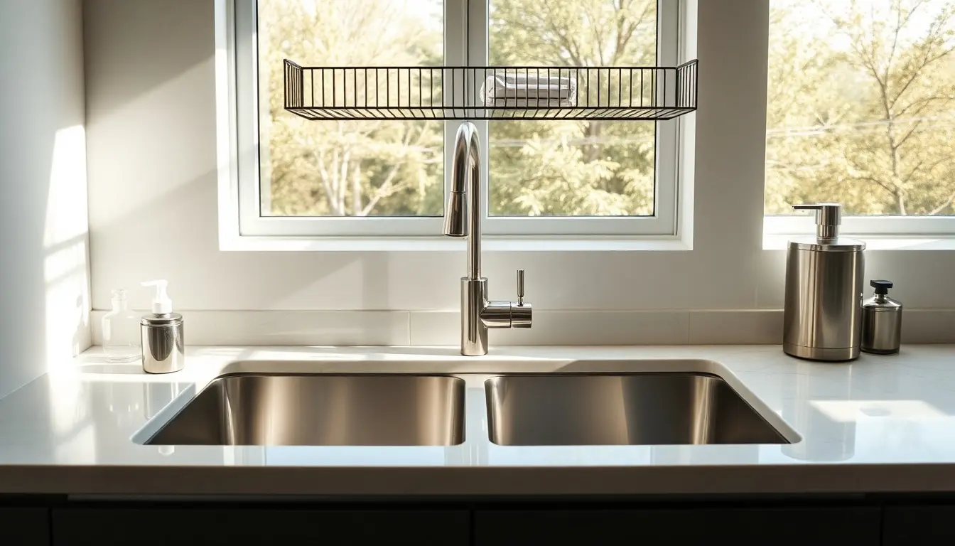Évier 2 bacs cuisine moderne en acier inoxydable avec accessoires organisés.