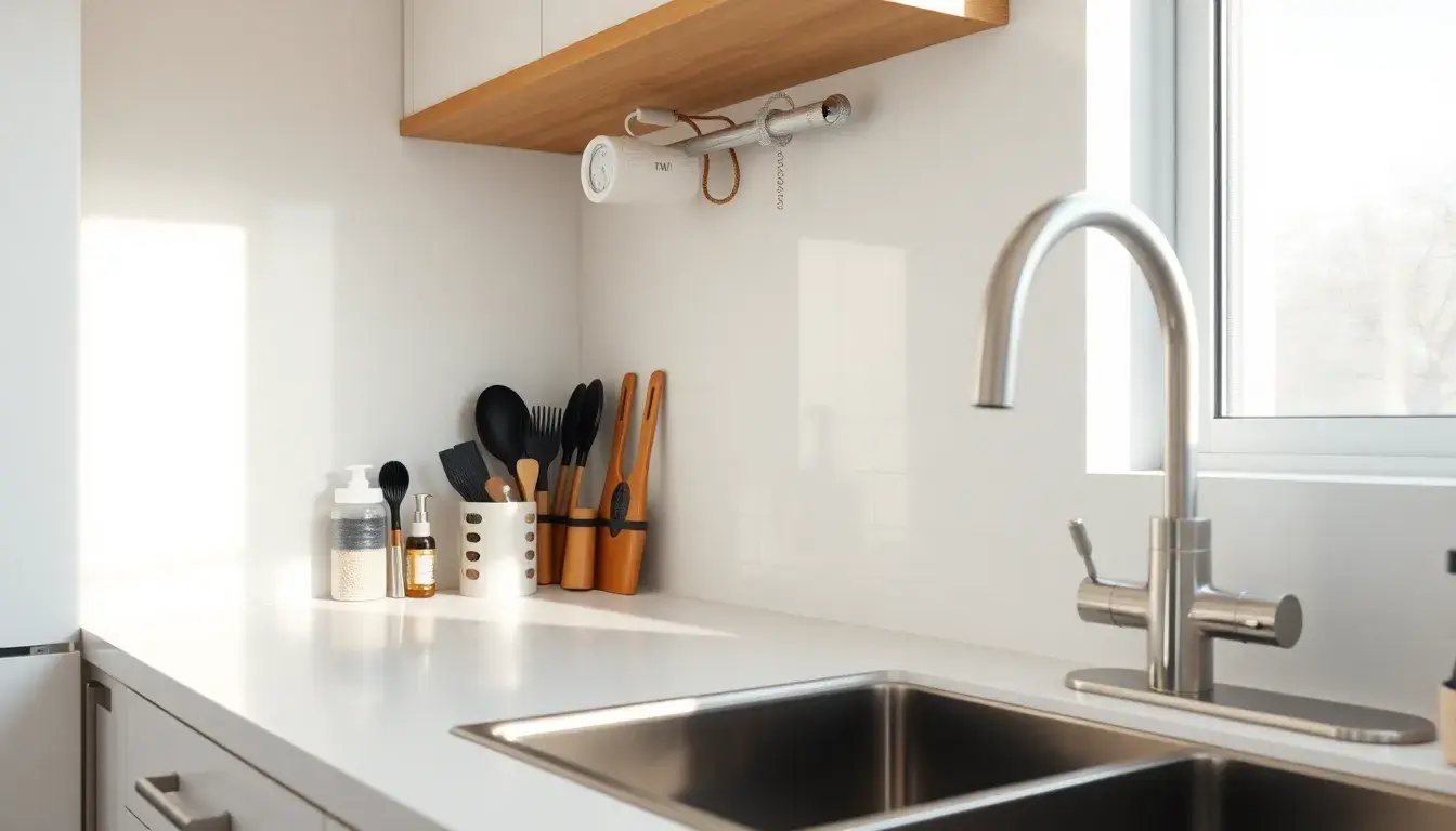 Meuble sous évier de cuisine moderne et organisé avec outils de plomberie essentiels.