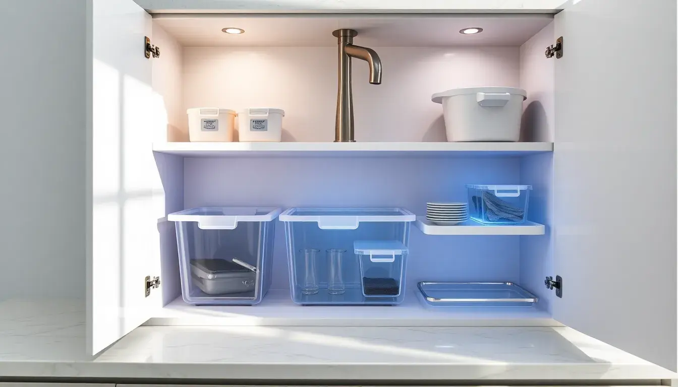 Evier meuble cuisine moderne et organisé avec bacs de rangement et éclairage LED.