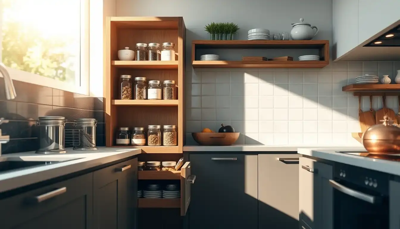 Cuisine moderne lumineuse avec une colonne cuisine en bois et tiroirs coulissants métalliques bien organisés