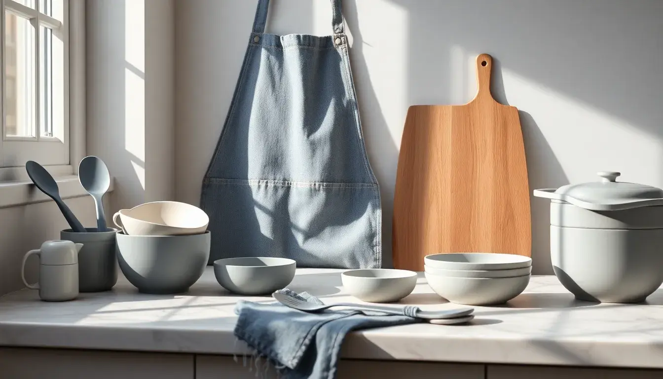 Accessoires de gris cuisine modernes disposés sur un plan de travail en marbre ensoleillé.