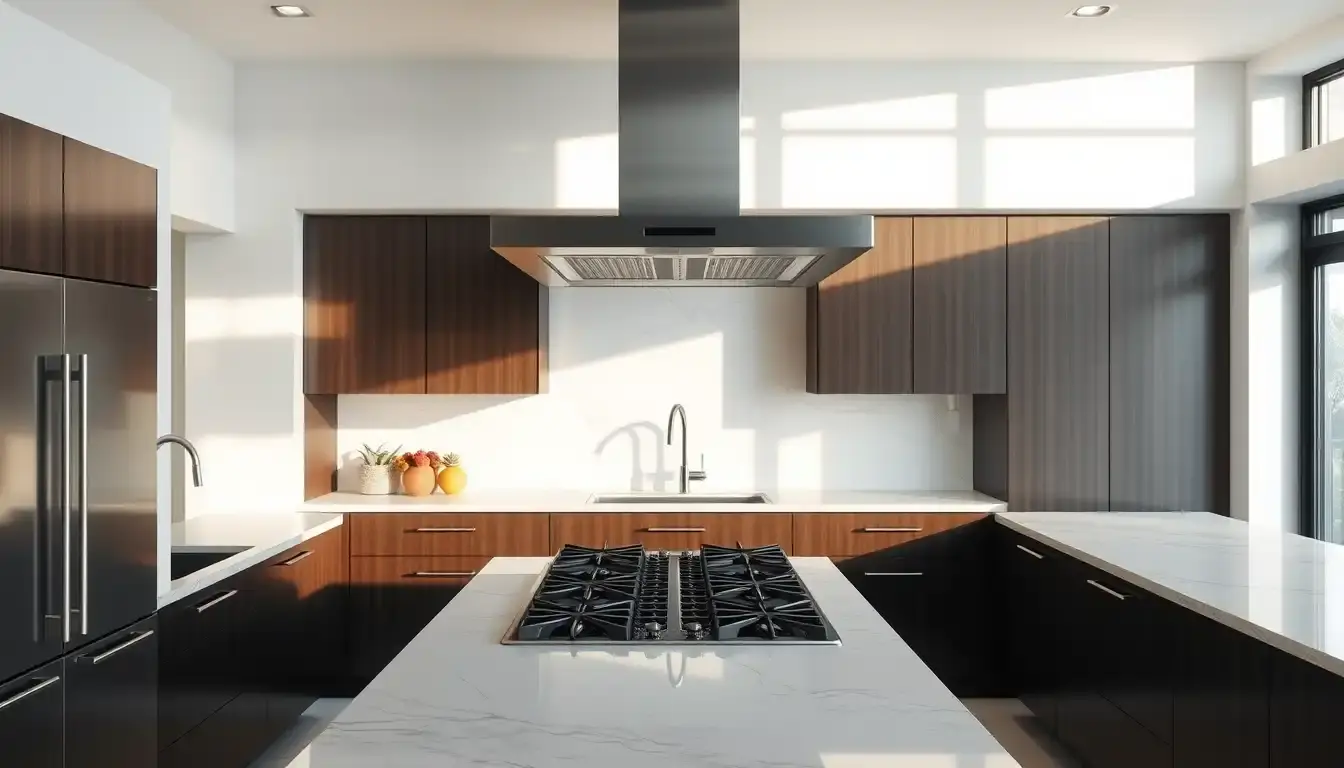 Hotte de cuisine en acier inoxydable installée à la hauteur optimale au-dessus d'une plaque de cuisson