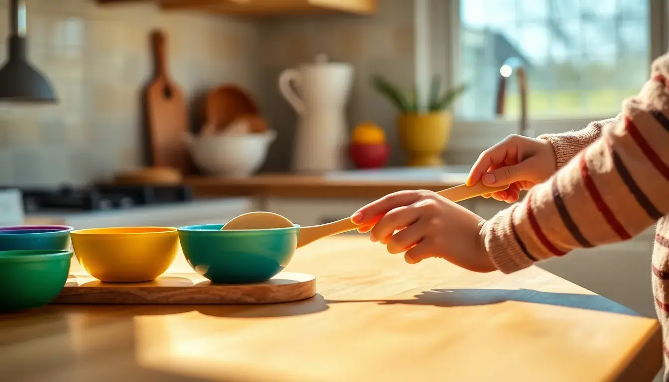 Enfant utilisant un kit cuisine enfant avec spatule et bols colorés sur un comptoir en bois ensoleillé.