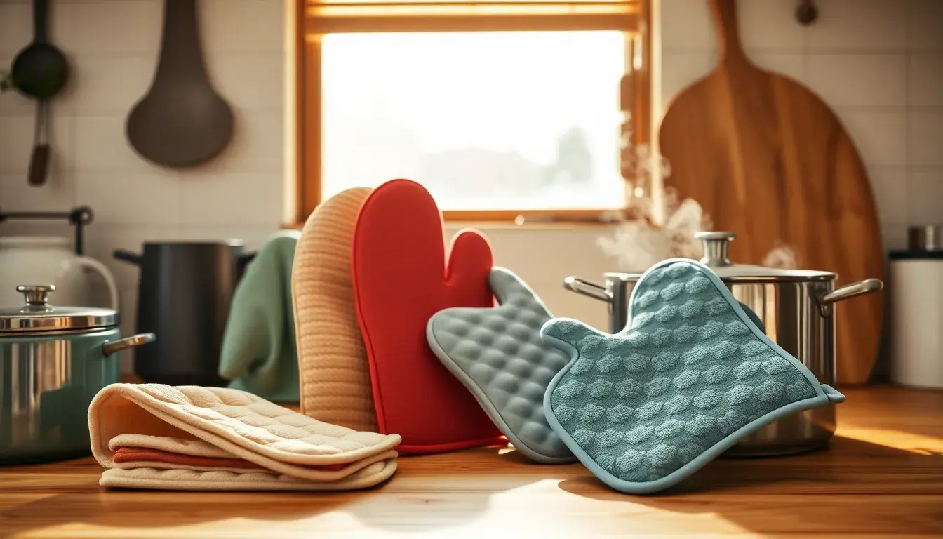Une sélection de manique de cuisine en silicone et coton sur un plan de travail ensoleillé.