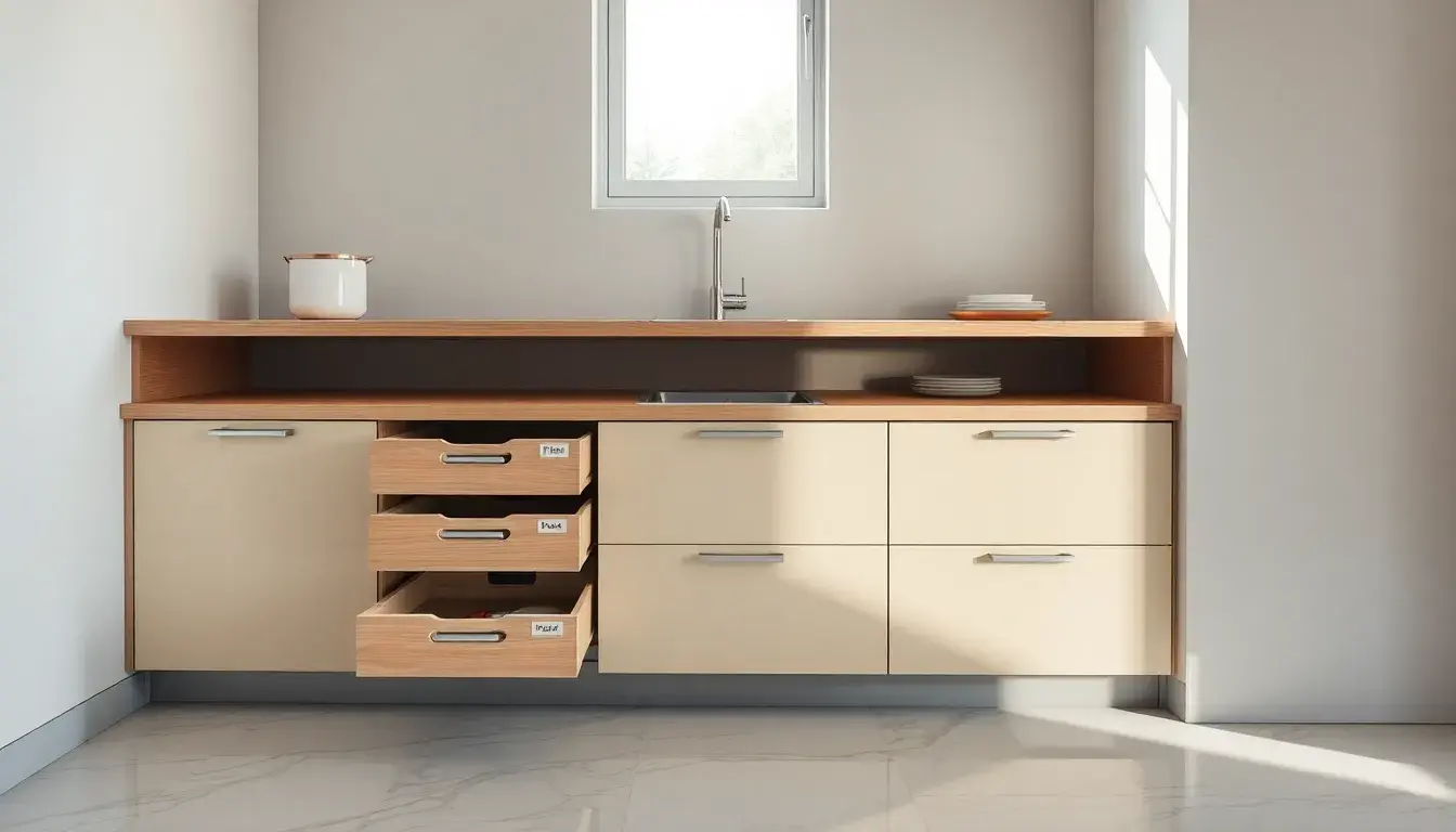 Meuble bas de cuisine moderne avec plan de travail en bois clair et accessoires de rangement.