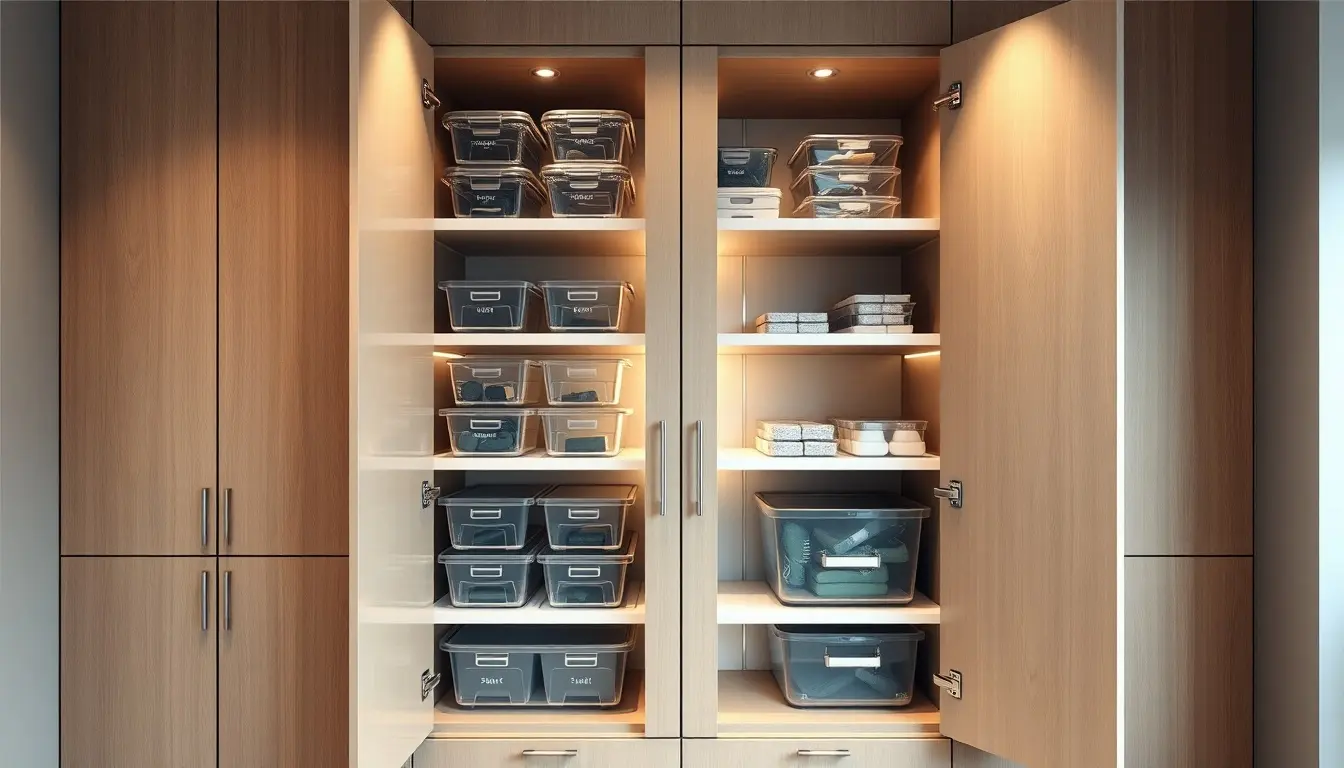 Meuble cuisine colonne moderne parfaitement organisé avec bacs transparents et éclairage LED chaleureux