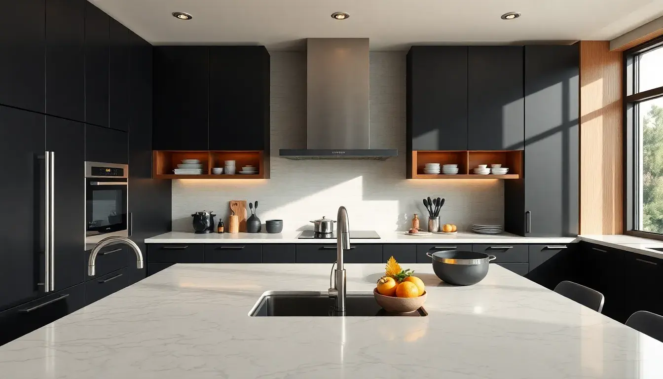Cuisine moderne élégante combinant des placards noir mat et des détails en bois chaleureux.