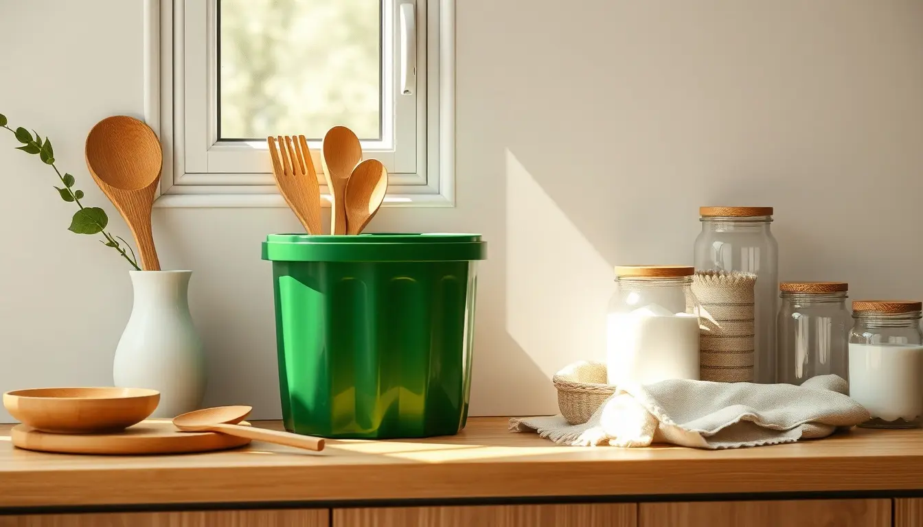 Cuisine verte moderne avec ustensiles en bambou et accessoires éco-responsables sur un plan de travail en bois.