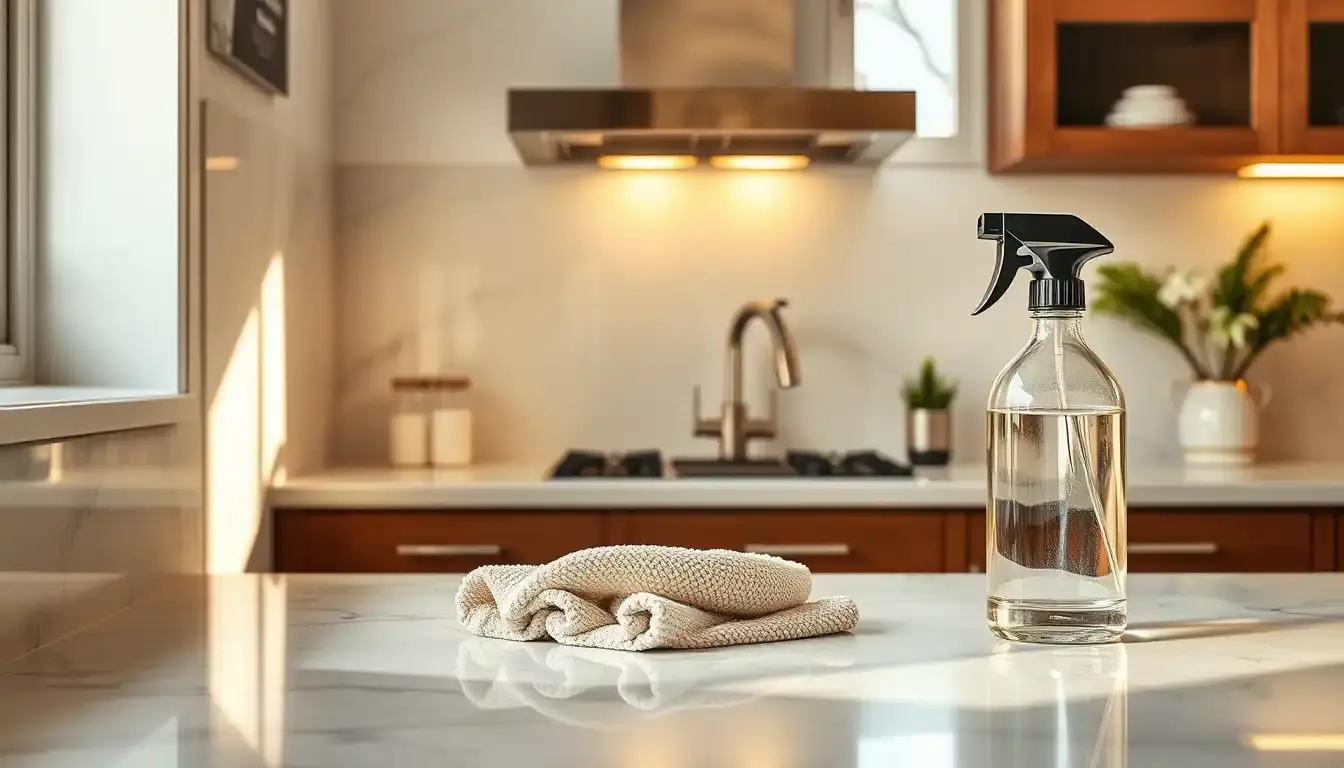Faience cuisine brillante avec outils de nettoyage professionnels sur plan de travail en marbre
