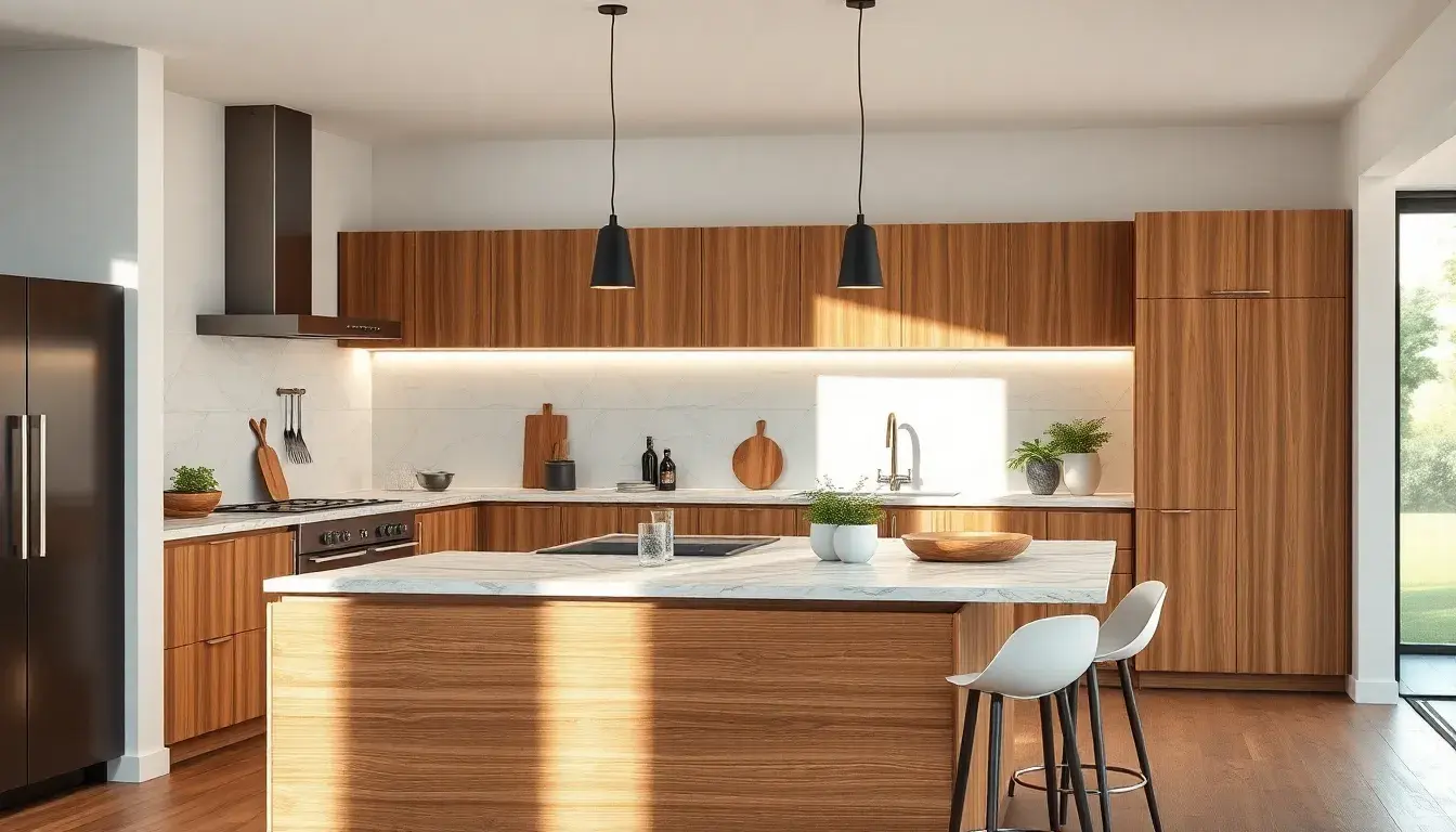 Îlot de cuisine moderne en bois avec accessoires culinaires élégants et éclairage doux