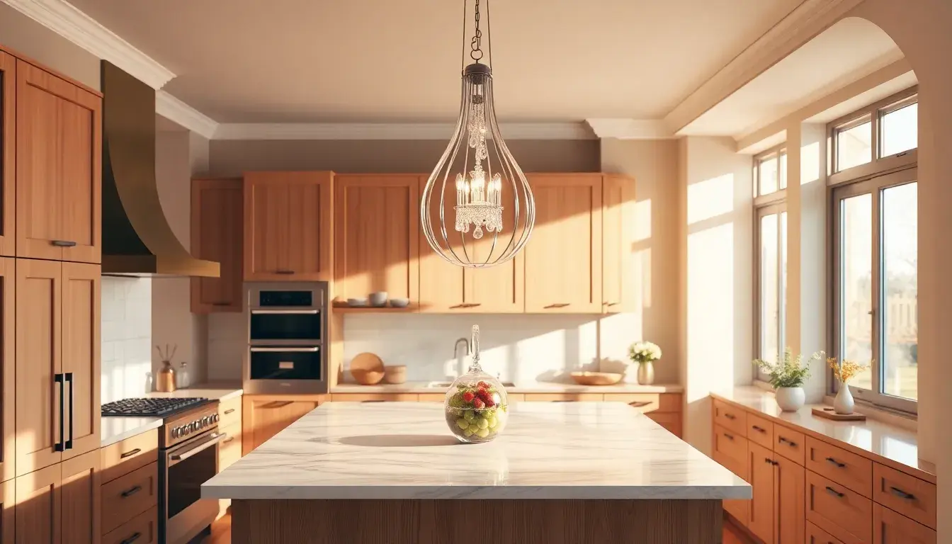 Lustre cuisine élégant suspendu au-dessus d'un îlot central en marbre